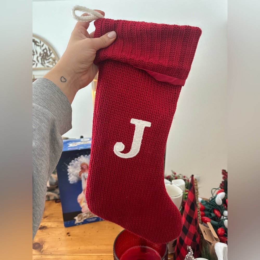 Red Knit Christmas Stocking with White Initial J